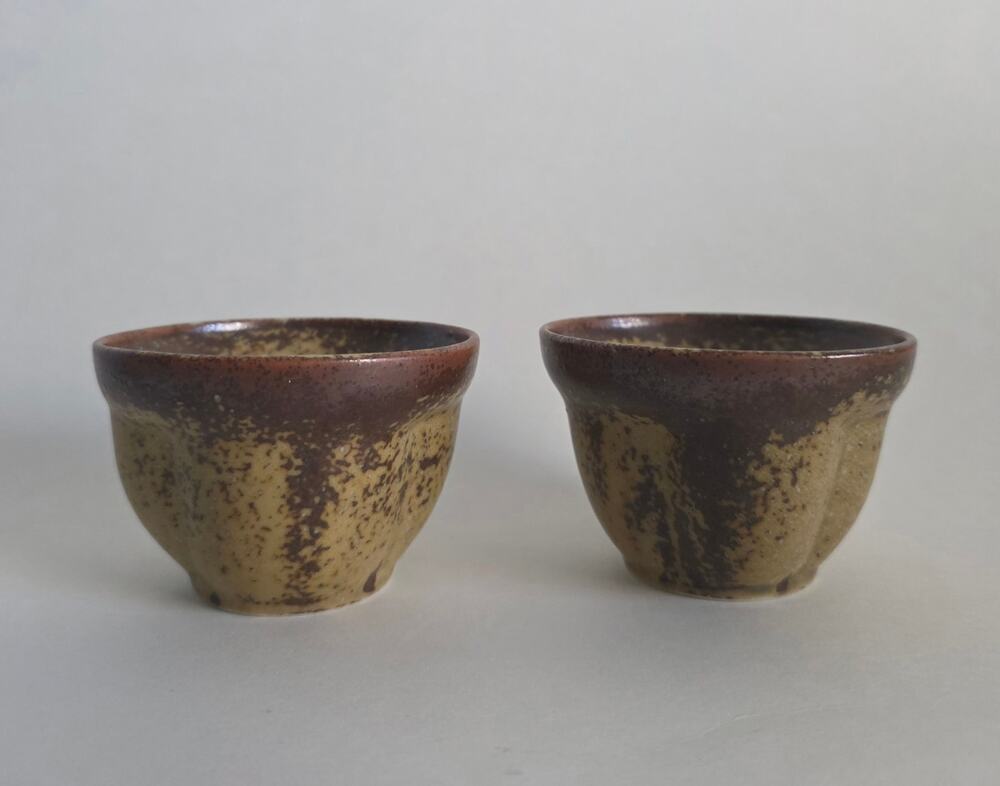 Kotobuki Japan Brown Tan Mottled Glaze Ceramic Tea Cups Set of 2